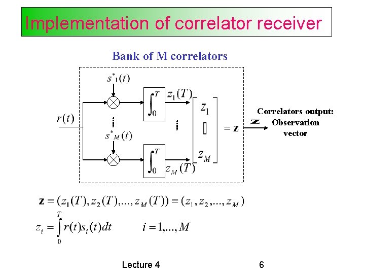 Implementation of correlator receiver Bank of M correlators Correlators output: Observation vector Lecture 4