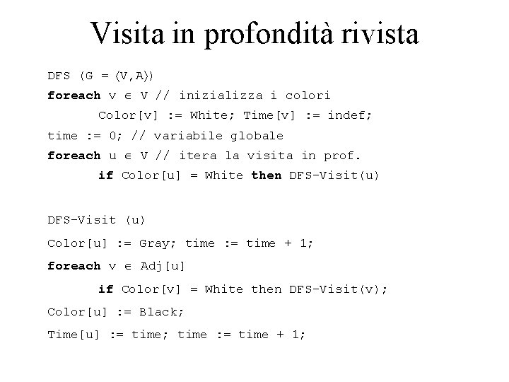 Visita in profondità rivista DFS (G = V, A ) foreach v V //