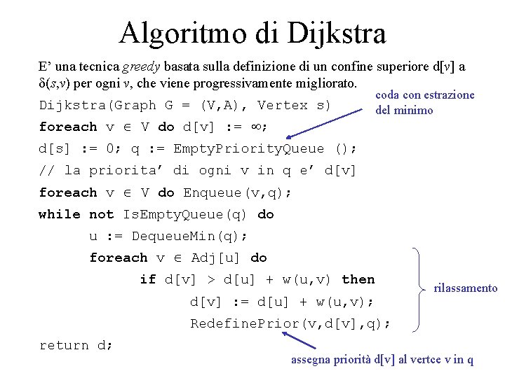 Algoritmo di Dijkstra E’ una tecnica greedy basata sulla definizione di un confine superiore