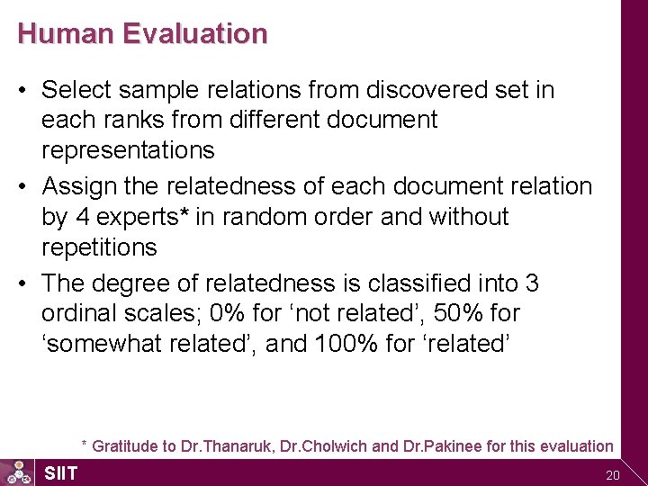 Human Evaluation • Select sample relations from discovered set in each ranks from different