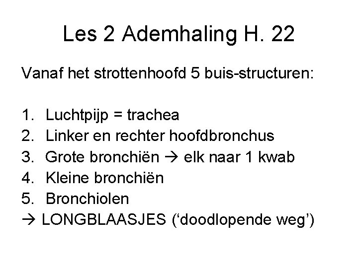 Les 2 Ademhaling H. 22 Vanaf het strottenhoofd 5 buis-structuren: 1. Luchtpijp = trachea