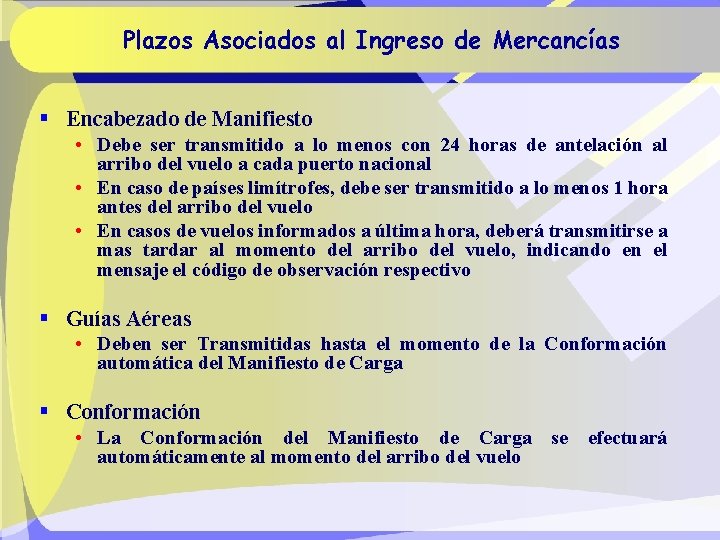 Plazos Asociados al Ingreso de Mercancías § Encabezado de Manifiesto • Debe ser transmitido