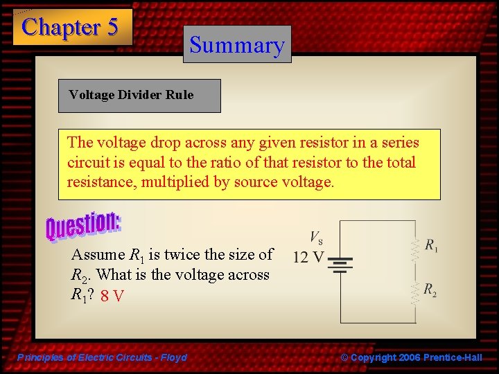 Chapter 5 Summary Voltage Divider Rule The voltage drop across any given resistor in