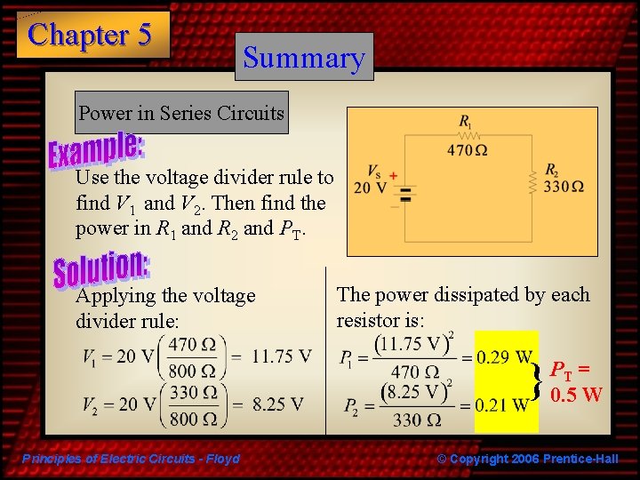 Chapter 5 Summary Power in Series Circuits Use the voltage divider rule to find