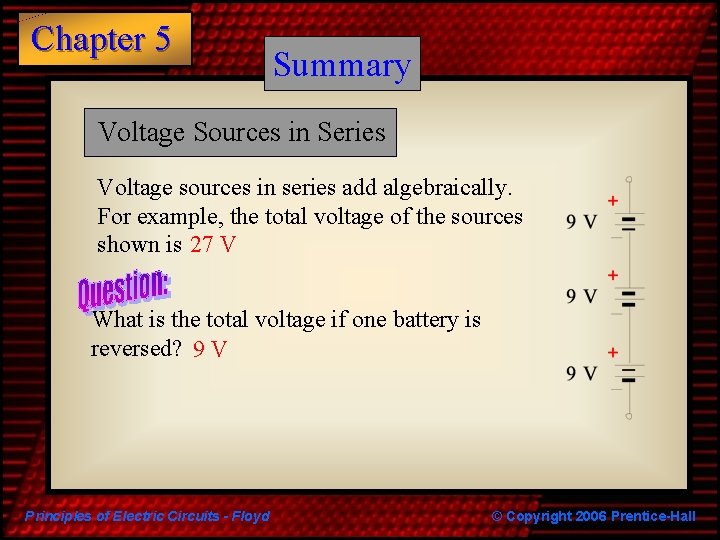 Chapter 5 Summary Voltage Sources in Series Voltage sources in series add algebraically. For