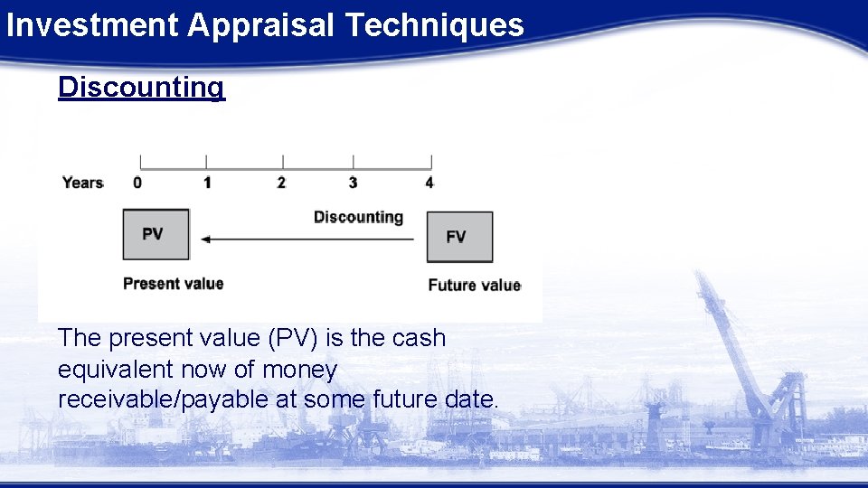 Investment Appraisal Techniques Discounting The present value (PV) is the cash equivalent now of Investment Appraisal Techniques Discounting The present value (PV) is the cash equivalent now of
