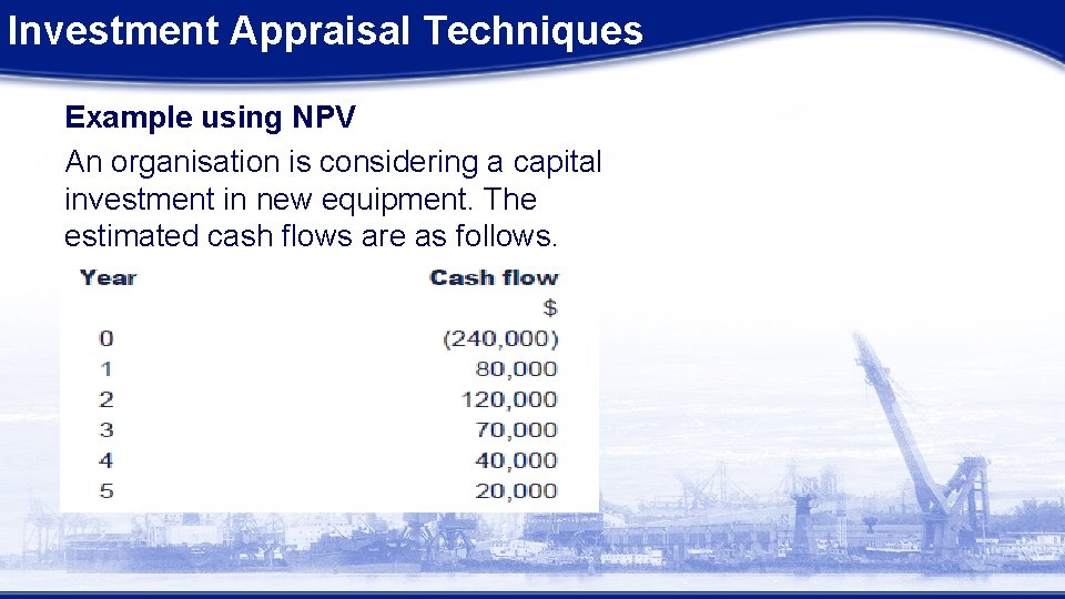 Investment Appraisal Techniques Example using NPV An organisation is considering a capital investment in Investment Appraisal Techniques Example using NPV An organisation is considering a capital investment in