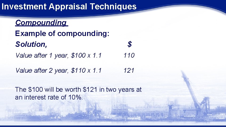 Investment Appraisal Techniques Compounding Example of compounding: Solution, $ Value after 1 year, $100 Investment Appraisal Techniques Compounding Example of compounding: Solution, $ Value after 1 year, $100