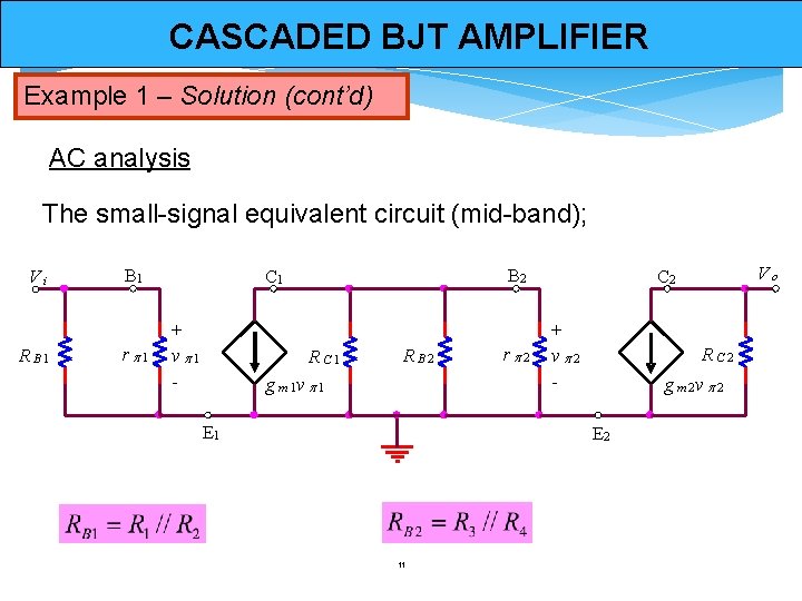 CASCADED BJT AMPLIFIER Example 1 – Solution (cont’d) AC analysis The small-signal equivalent circuit