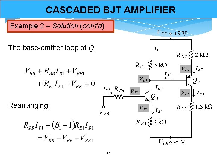 CASCADED BJT AMPLIFIER Example 2 – Solution (cont’d) The base-emitter loop of Q 1