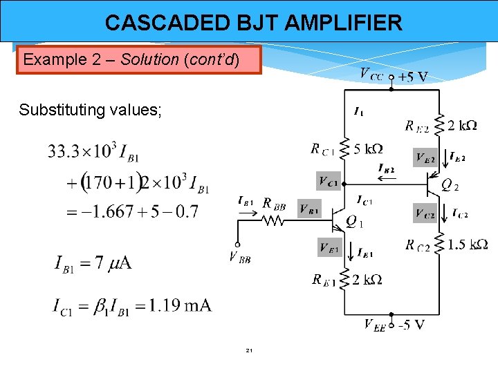 CASCADED BJT AMPLIFIER Example 2 – Solution (cont’d) Substituting values; 21 