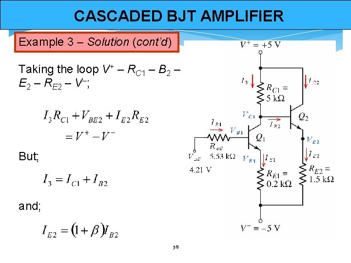 CASCADED BJT AMPLIFIER Example 3 – Solution (cont’d) Taking the loop V+ – RC