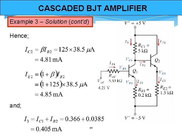 CASCADED BJT AMPLIFIER Example 3 – Solution (cont’d) Hence; and; 40 