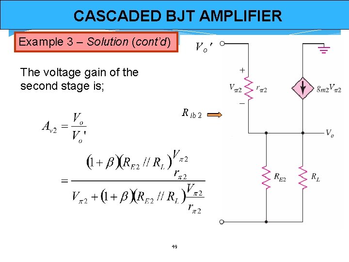 CASCADED BJT AMPLIFIER Example 3 – Solution (cont’d) The voltage gain of the second