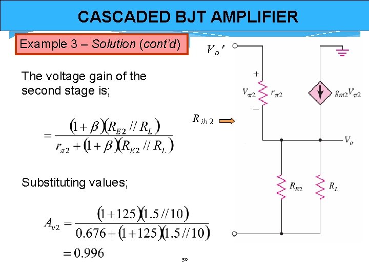 CASCADED BJT AMPLIFIER Example 3 – Solution (cont’d) The voltage gain of the second