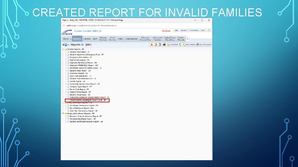CREATED REPORT FOR INVALID FAMILIES 