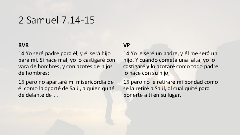 2 Samuel 7. 14 -15 RVR 14 Yo seré padre para él, y él