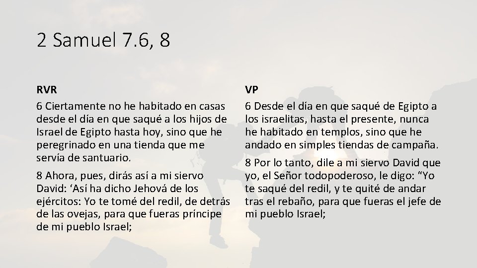 2 Samuel 7. 6, 8 RVR 6 Ciertamente no he habitado en casas desde