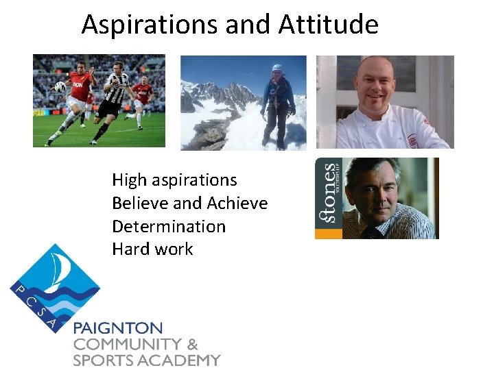 Aspirations and Attitude High aspirations Believe and Achieve Determination Hard work 