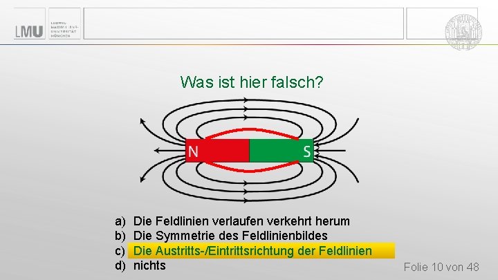 Was ist hier falsch? a) b) c) d) Die Feldlinien verlaufen verkehrt herum Die Was ist hier falsch? a) b) c) d) Die Feldlinien verlaufen verkehrt herum Die