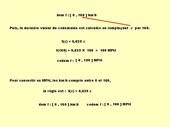 dom f : [ 0 , 160 ] km/h Puis, la dernière valeur du