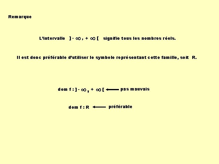 Remarque L’intervalle ] - ∞, + ∞ [ signifie tous les nombres réels. Il