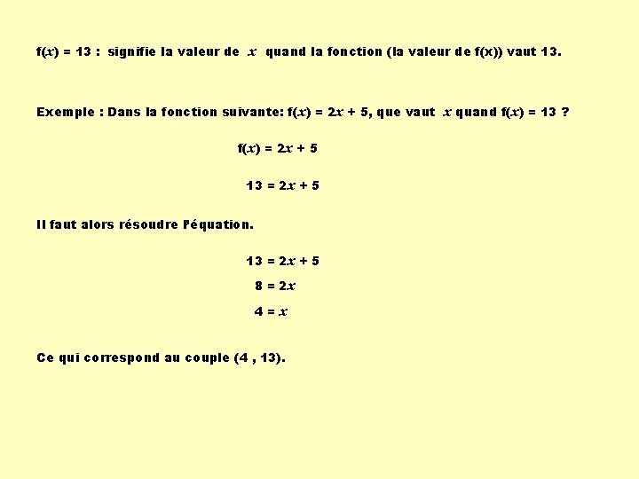 f(x) = 13 : signifie la valeur de x quand la fonction (la valeur