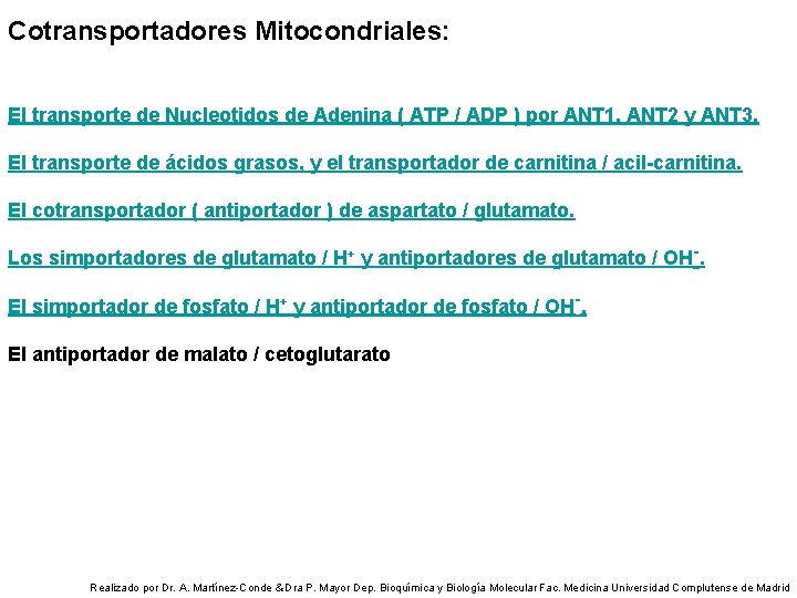 Cotransportadores Mitocondriales: El transporte de Nucleotidos de Adenina ( ATP / ADP ) por