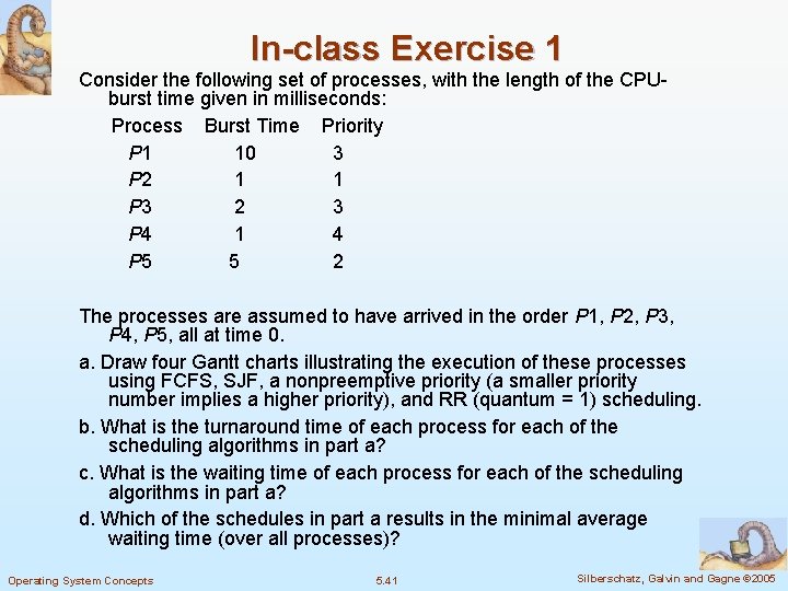 In-class Exercise 1 Consider the following set of processes, with the length of the