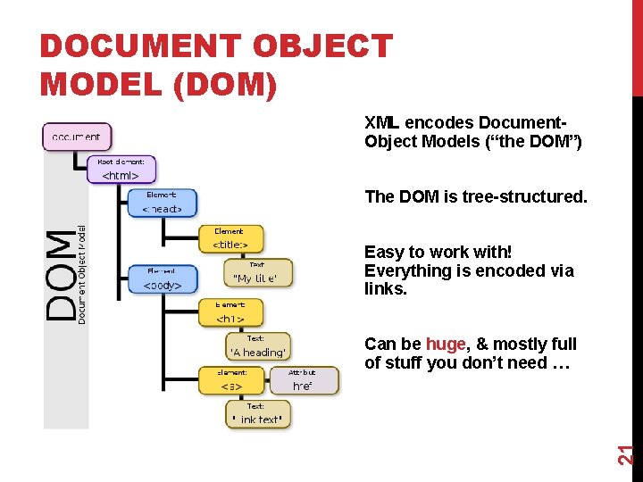 DOCUMENT OBJECT MODEL (DOM) XML encodes Document. Object Models (“the DOM”) The DOM is