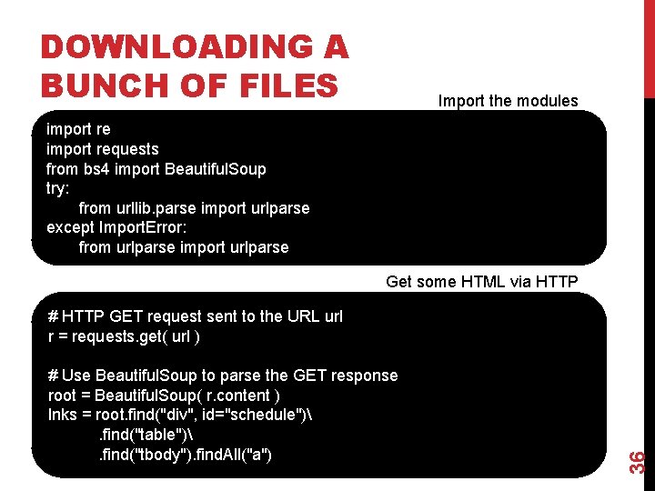 DOWNLOADING A BUNCH OF FILES Import the modules import requests from bs 4 import