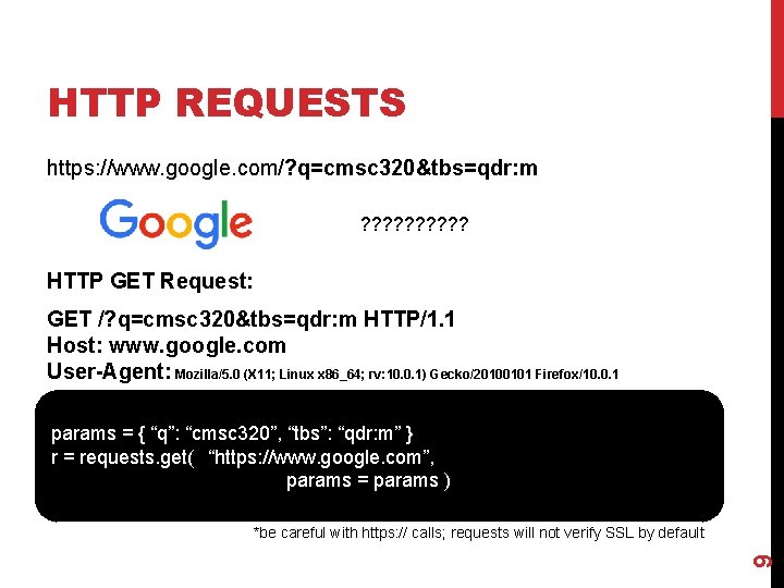 HTTP REQUESTS https: //www. google. com/? q=cmsc 320&tbs=qdr: m ? ? ? ? ?