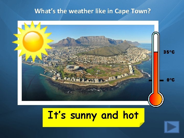 What’s the weather like in Cape Town? 35ºC 0ºC It’s sunny and hot 