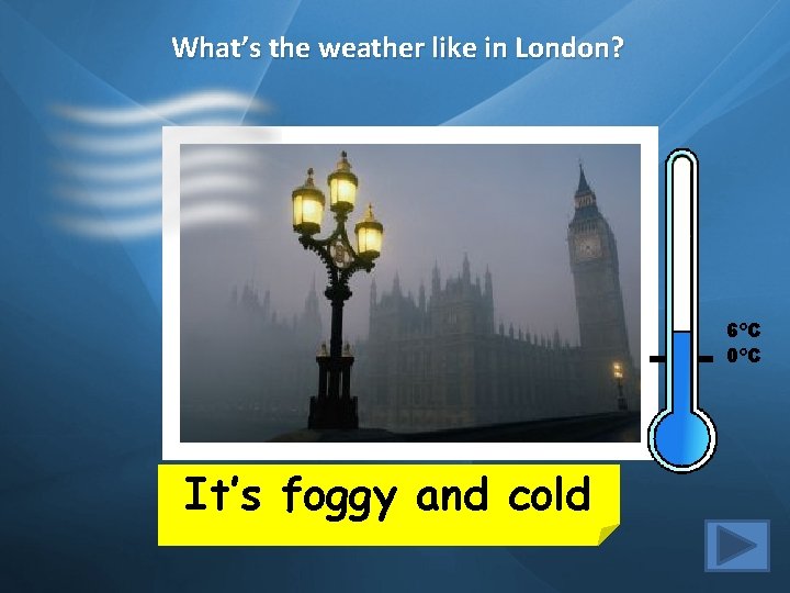 What’s the weather like in London? 6ºC 0ºC It’s foggy and cold 