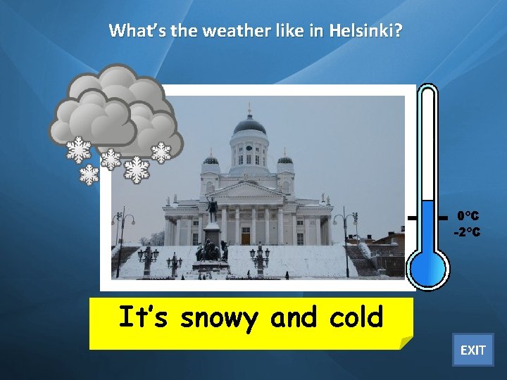 What’s the weather like in Helsinki? 0ºC -2ºC It’s snowy and cold EXIT 