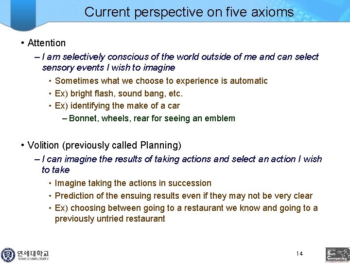 Current perspective on five axioms • Attention – I am selectively conscious of the