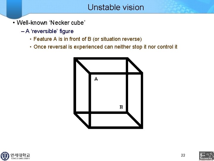 Unstable vision • Well-known ‘Necker cube’ – A ‘reversible’ figure • Feature A is