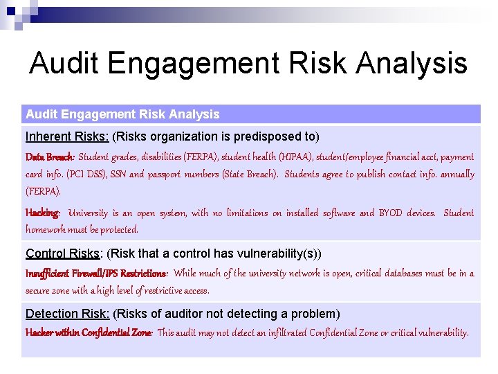 Audit Engagement Risk Analysis Inherent Risks: (Risks organization is predisposed to) Data Breach: Student