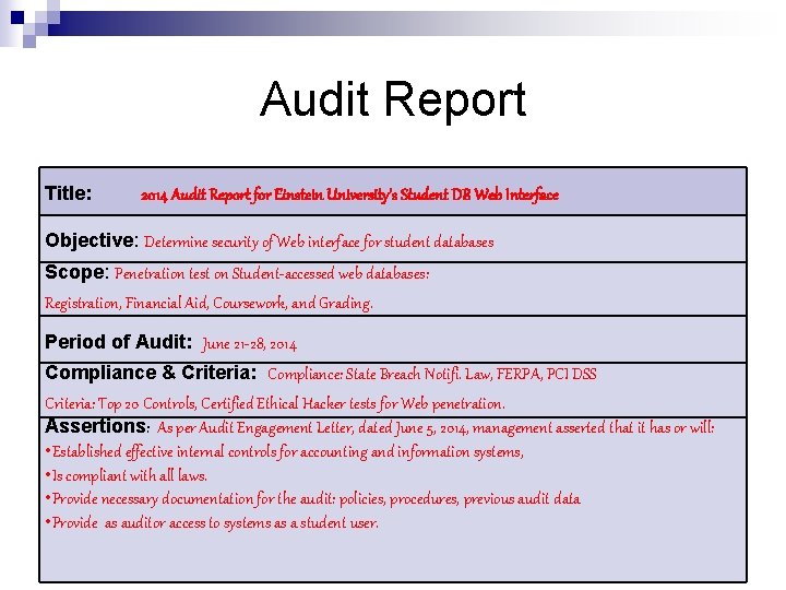 Audit Report Title: 2014 Audit Report for Einstein University’s Student DB Web Interface Objective: