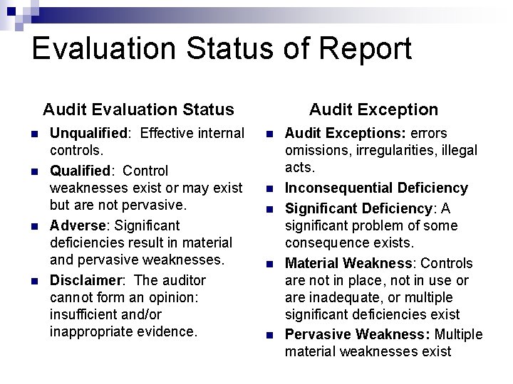 Evaluation Status of Report Audit Evaluation Status n n Unqualified: Effective internal controls. Qualified: