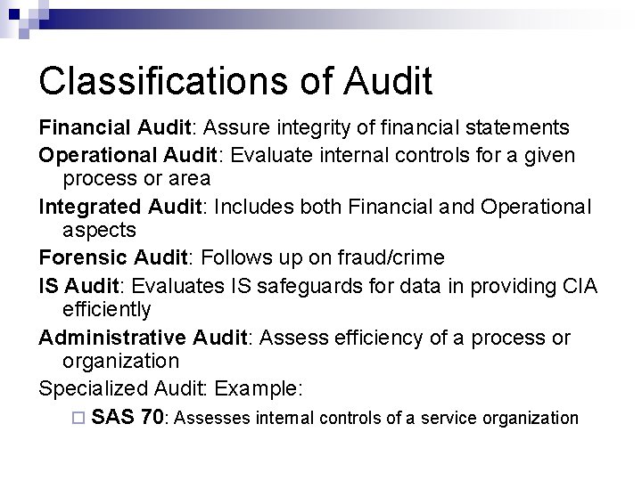 Classifications of Audit Financial Audit: Assure integrity of financial statements Operational Audit: Evaluate internal