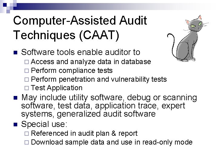 Computer-Assisted Audit Techniques (CAAT) n Software tools enable auditor to ¨ Access and analyze
