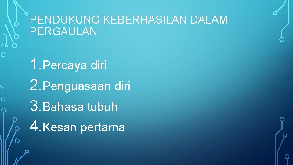 PENDUKUNG KEBERHASILAN DALAM PERGAULAN 1. Percaya diri 2. Penguasaan diri 3. Bahasa tubuh 4.