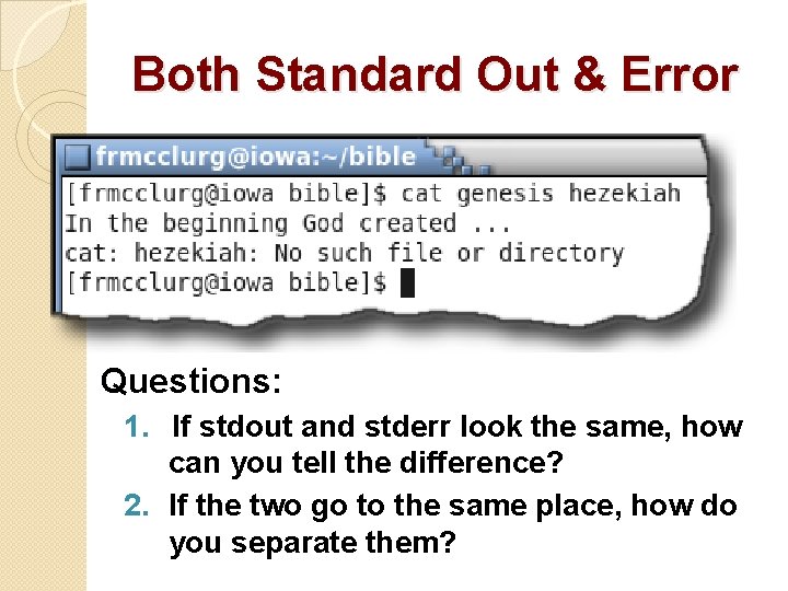 Both Standard Out & Error Questions: 1. If stdout and stderr look the same,