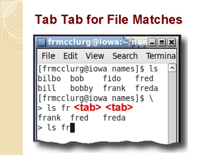 Tab for File Matches �Example: ◦ ls fra<tab> 