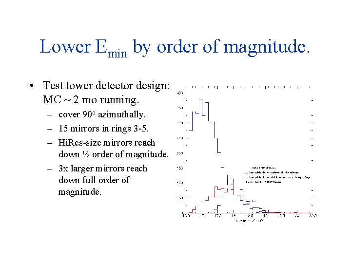 Lower Emin by order of magnitude. • Test tower detector design: MC ~ 2