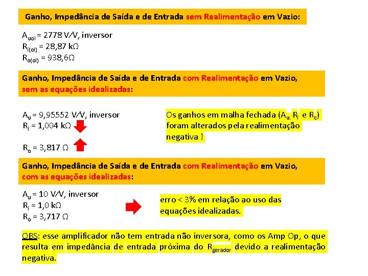 Ganho, Impedância de Saída e de Entrada sem Realimentação em Vazio: Aυol = 2778