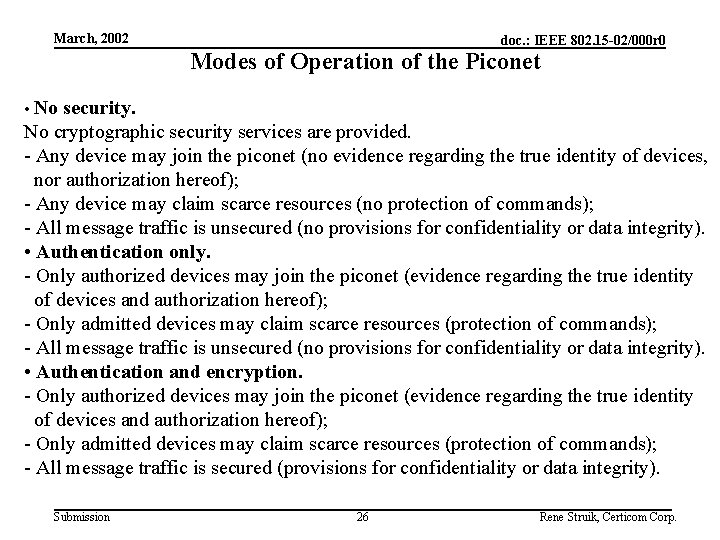 March, 2002 doc. : IEEE 802. 15 -02/000 r 0 Modes of Operation of