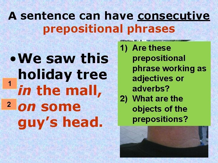 A sentence can have consecutive prepositional phrases • We saw this holiday tree 1
