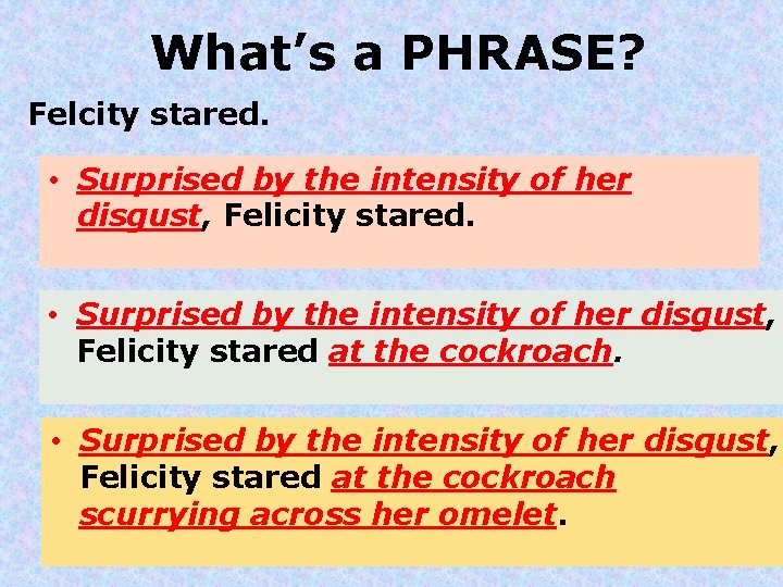 What’s a PHRASE? Felcity stared. • Surprised by the intensity of her disgust, Felicity